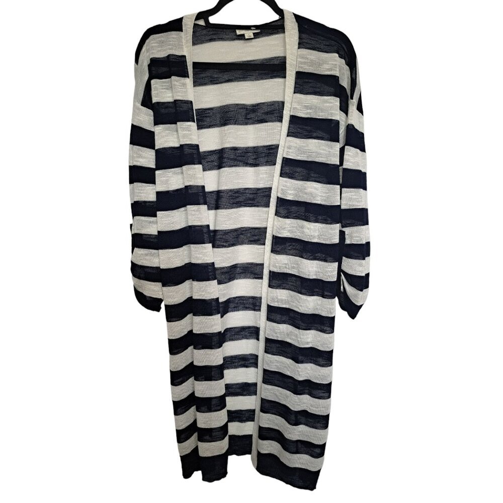 Cato Duster Kimono Sweater Blue White Large Wide Stripe 3/4 Roll Tab Sleeve
